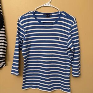 Ralph Lauren Blue and White Striped Three-Quarter Sleeve Top